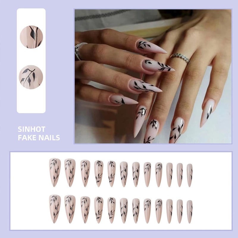 SINHOT Stiletto Press on Nails Extra Long Fake Nails with Glue Glossy False Nails with Black Leaves Designs Full Cover Almond Acrylic Nail 24pcs - Image 4